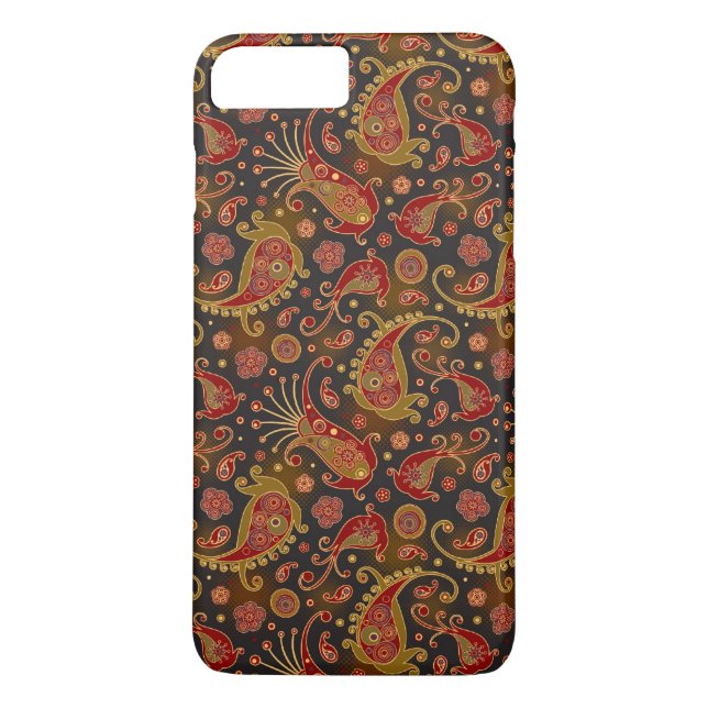 Mörkröd och gul paisley-mönster Case-Mate iPhone skal (Baksida)