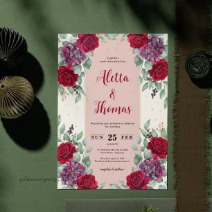 Mörkröd och plommonlila blomsterbröllop inbjudningar