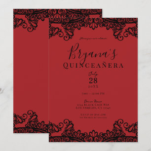 Mörkröd och svart spetsig elegant Quinceañera Inbjudningar