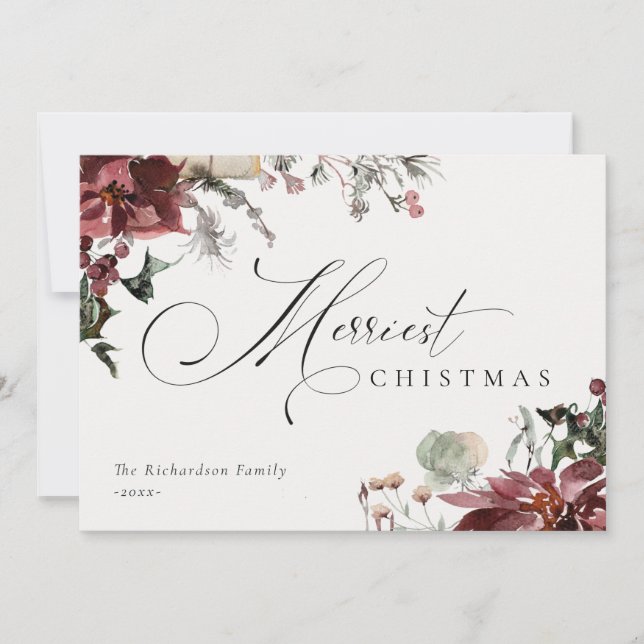  Mörkröd Poinsettia Blommig Glad Jul  Julkort (Framsida)