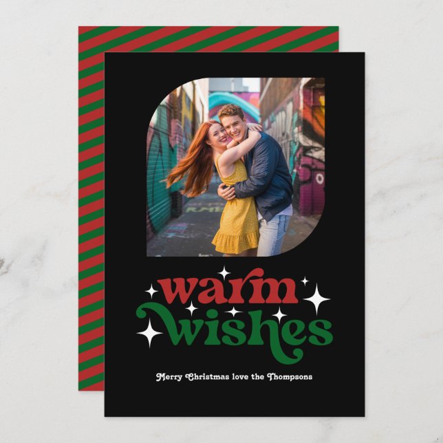 Mörkröd & Skogsgrön Retro Julfotografi Julkort (Fram/baksida)