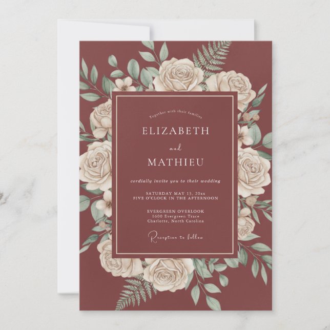 Mörkröd Sofistikerad Höstlig Bröllop Inbjudningar (Framsida)