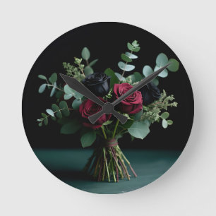 Mörkröd svart rosbukett elegans rund klocka