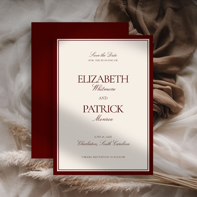 Mörkröd vinstats herrgårds formella moderna klassi spara datumet (deep burgundy wedding save the date quiet luxury old money formal modern classic estate royal regal)