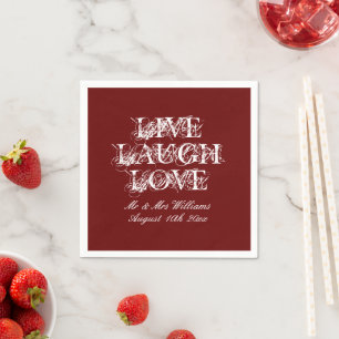 Mörkröda bröllopsservetter med Live Laugh Love Pappersservett