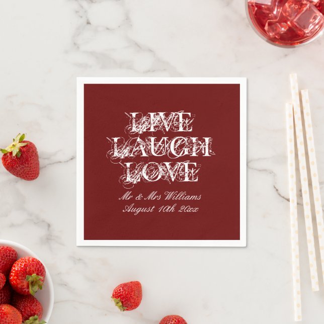 Mörkröda bröllopsservetter med Live Laugh Love Pappersservett (Insitu)