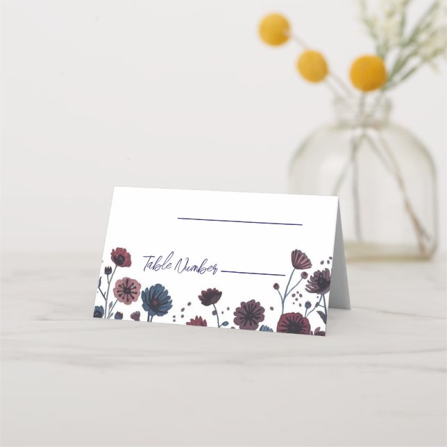 Mörkröda och blå blomsterbröllopsplatskort placeringskort (Framsida)