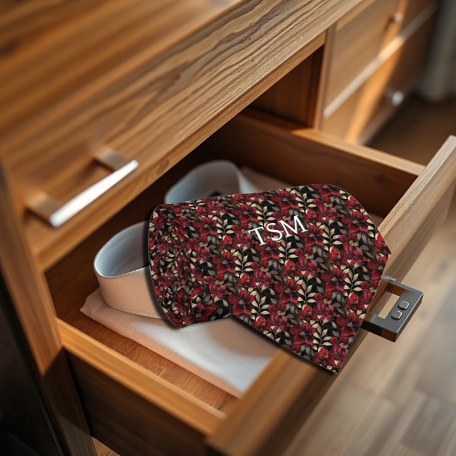 Mörkröda och gyllene robusta blomster monogram ini slips (Dark Red and Gold Rugged Floral Monogram Initials Neck Tie)