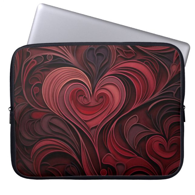 MÖRKRÖDA OPRYDDA HJÄRTAN TILL VALENTINE LAPTOP FODRAL (Framsidan)