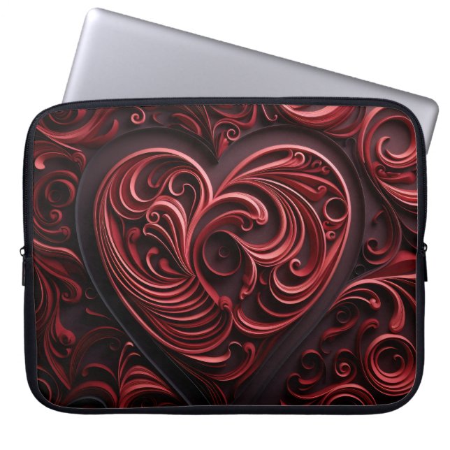 MÖRKRÖDA UTSMYCKADE HJÄRTAN TILL VALENTINE LAPTOP FODRAL (Framsidan)
