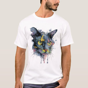 Mörkt akvarell Katt Ansikte Neon Ögon Konst T Shirt