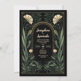 Mörkt Art Nouveau Botaniskt Bröllopsinbjudande Inbjudningar