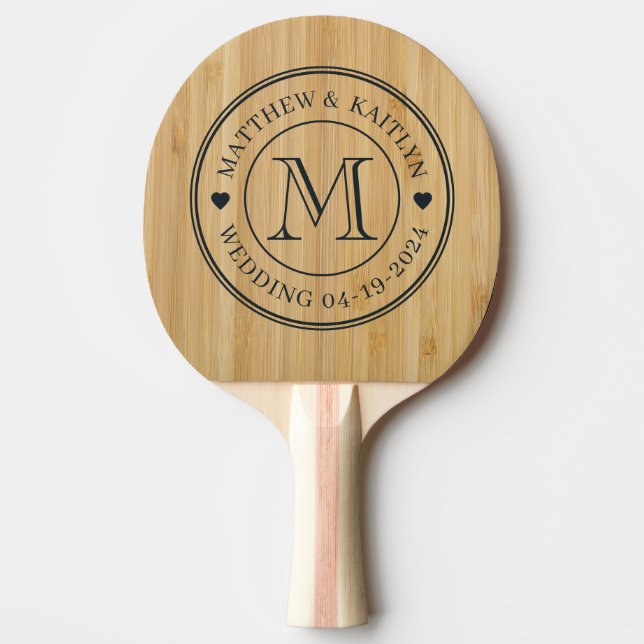 Mörkt Bambu Bröllopsmonogram Hjärtan Pingisracket (Framsidan)