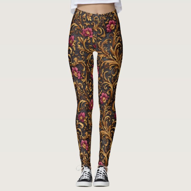 Mörkt Barockt Blommotiv med Guldscrollningar Leggings (Framsida)