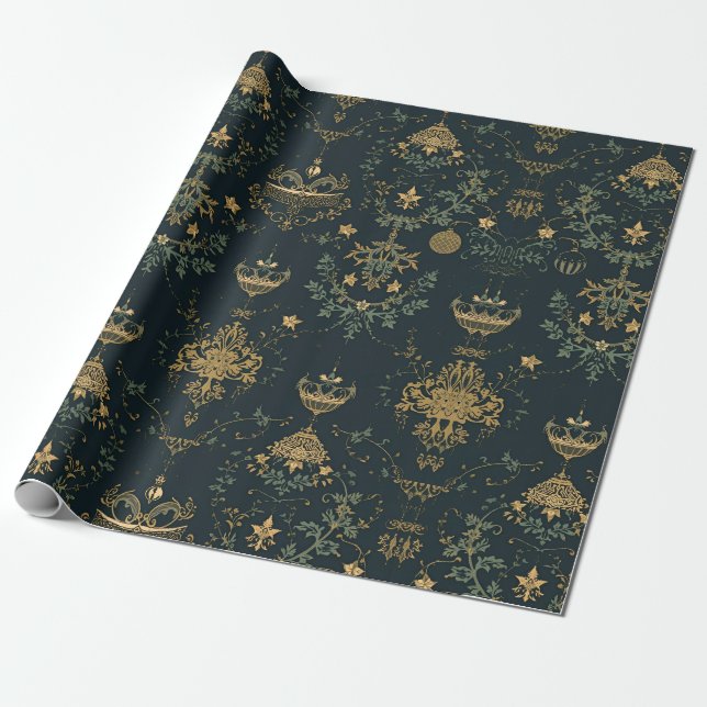 Mörkt Barockt Guld Ornament Presentpapper  (Utrullad)