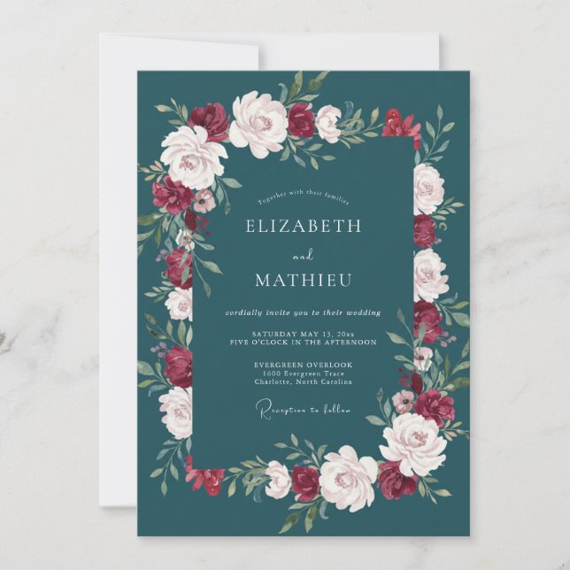 Mörkt Bensinfärgad Ranunculus-Eukalyptus-Hochzeit Inbjudningar (Framsida)