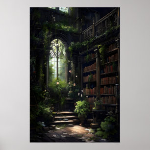 Mörkt biblioteksinteriör, goth hem inredning, mörk poster