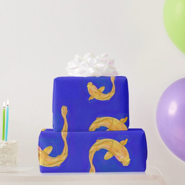 Mörkt Blått Papper med Orange Koi Fisk Presentpapper (Festgåvor)