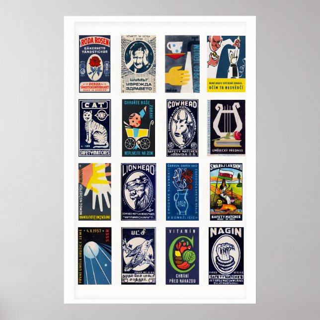 Mörkt Blått Tändsticksförpackningsetikett Collage, Poster (Framsidan)