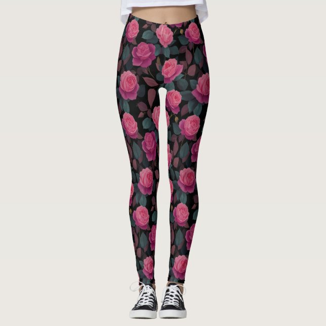 Mörkt Blommigt Rosa Rosmönster Leggings (Framsida)