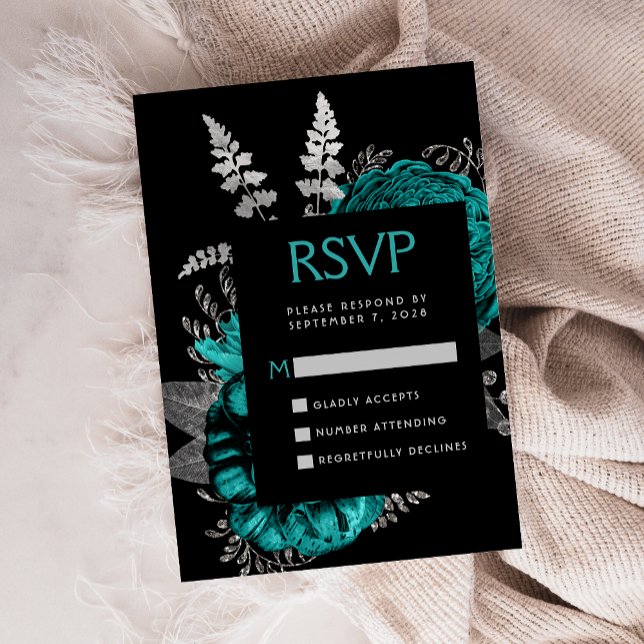 Mörkt Blommigt Teal Silver Bröllops RSVP Tilläggskort (Skapare uppladdad)