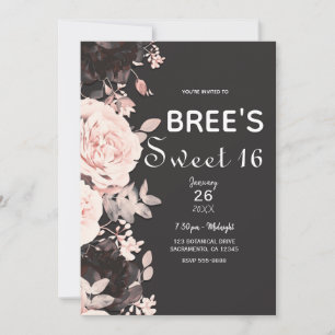 Mörkt blomsterglöd Rosa Kolgrå Sweet 16 Inbjudningar