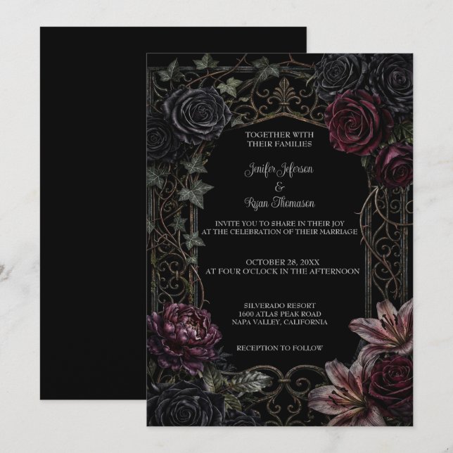 Mörkt blomstergotiskt Halloween-bröllopsinbjudan Inbjudningar (Fram/baksida)