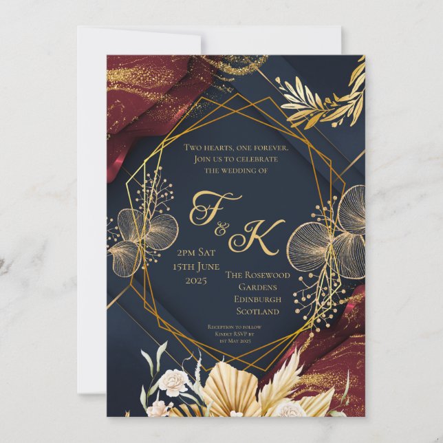 Mörkt blomsterprydd vigselinbjudan med monogram |  inbjudningar (Framsida)