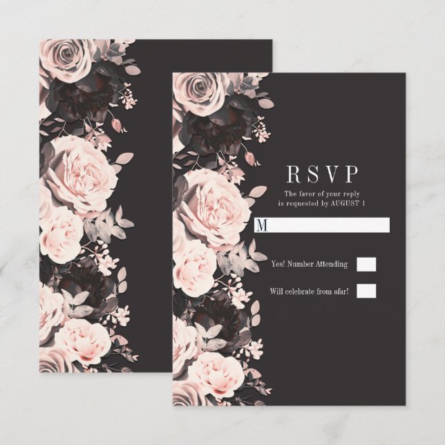 Mörkt blomsterröda kolgrå svarta bröllops-RSVP Inbjudningar (Fram/baksida)