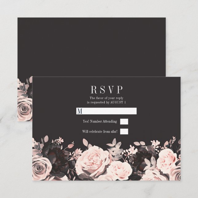 Mörkt blomsterröda kolgrå svarta bröllops-RSVP Inbjudningar (Fram/baksida)