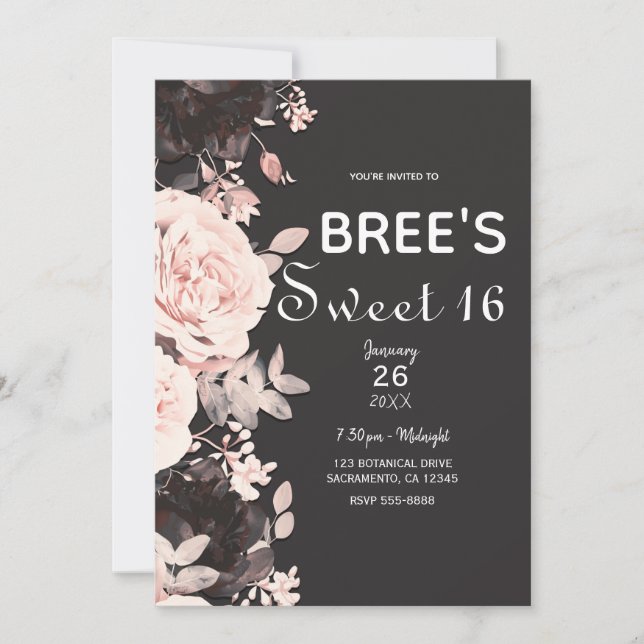 Mörkt blomsterrödd Puderrosa Kolgrå Sweet 16 Inbjudningar (Framsida)