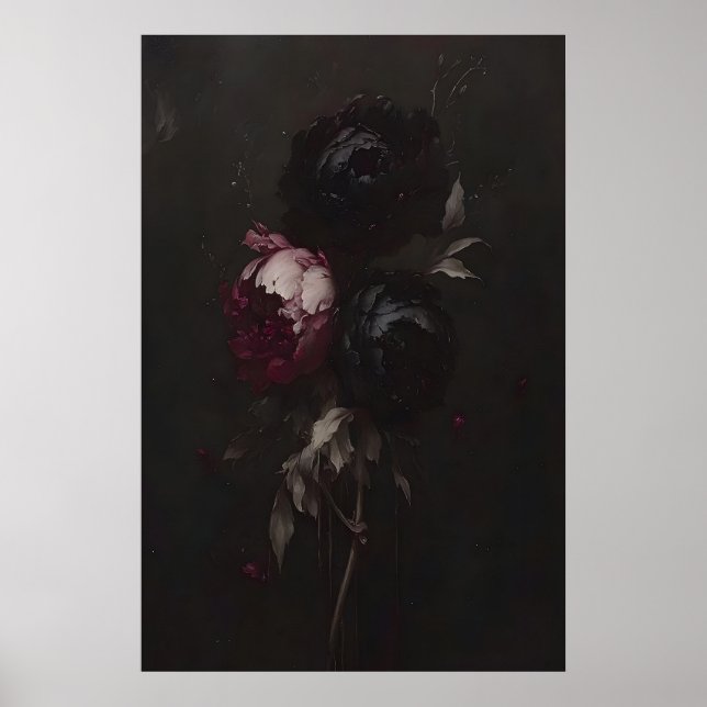 Mörkt blomsterstilleben-målning Dyster Peony-konst Poster (Framsidan)