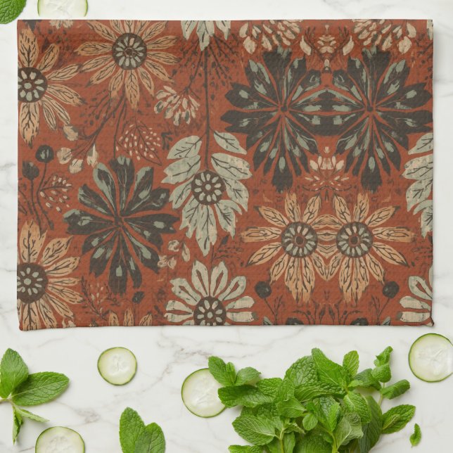 Mörkt Boho Terrakotta Salvia Botaniskt Mönster  Kökshandduk (Vikta)