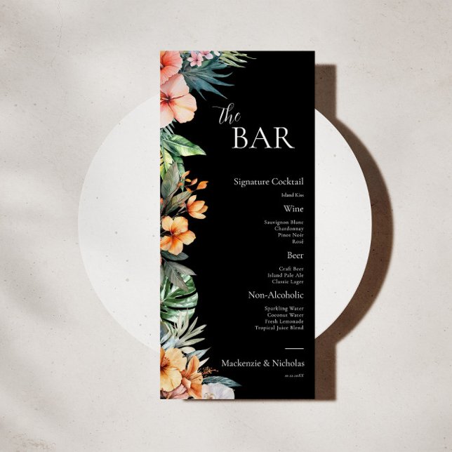 Mörkt Boho Tropiskt Blommigt Bröllopsbarmeny Meny (tropical wedding bar menu)