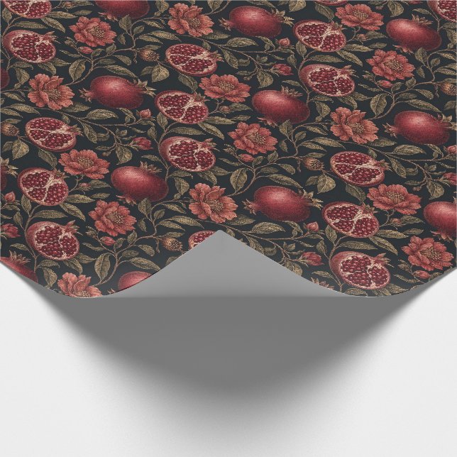 Mörkt Botaniskt Blommönster Granatäpple Vintage Tr Presentpapper (Hörn)