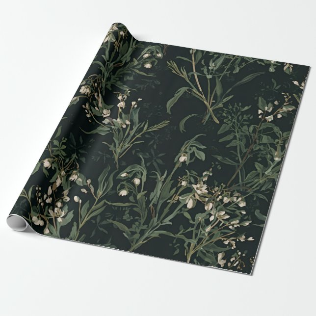 Mörkt Botaniskt Inpackningspapper Presentpapper (Utrullad)
