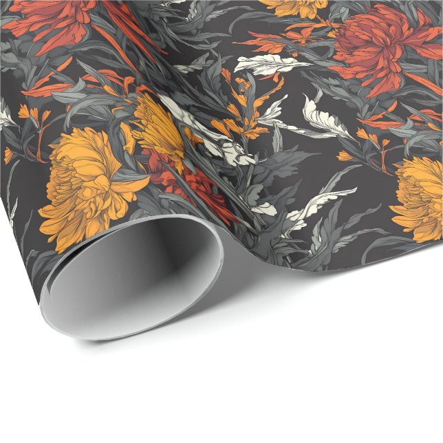 Mörkt Botaniskt Trädgård Blommig Inpackningspapper Presentpapper (Rullad Hörn)