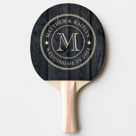 Mörkt Bränt Trä Bröllopsmonogram Stjärna Pingisracket
