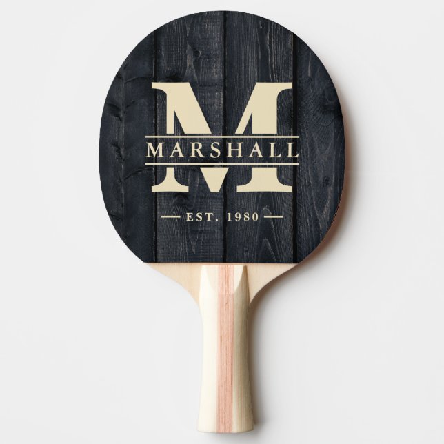 Mörkt Bränt Trä Monogram & Namn Överlägg Pingisracket (Framsidan)