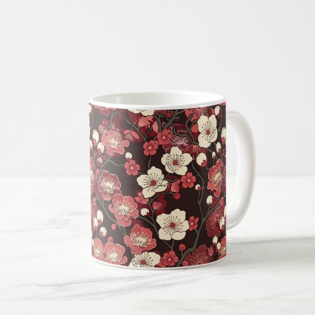 Mörkt Burgunderfärgad Sakura Blommig Korallblomste Kaffemugg (Framsida höger)