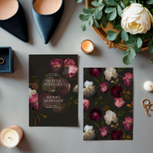 Mörkt Burgundy Blommig Moody Svart Elegant Romanti Spara Datumet