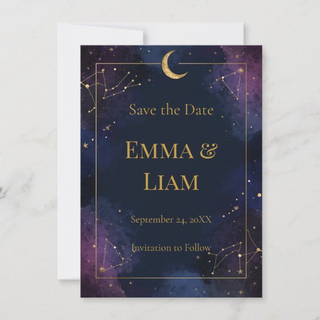 Mörkt Celestial Save the Date | Guld Konstellation (Framsida)
