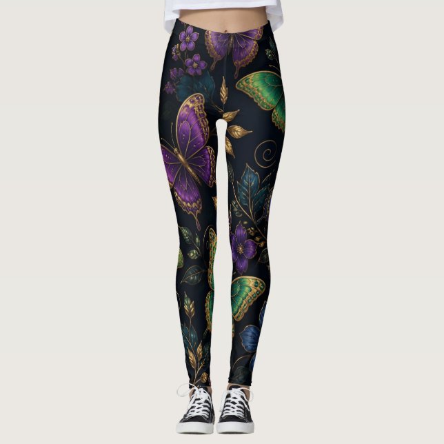 Mörkt Elegant Fjärilsmönster Leggings (Framsida)