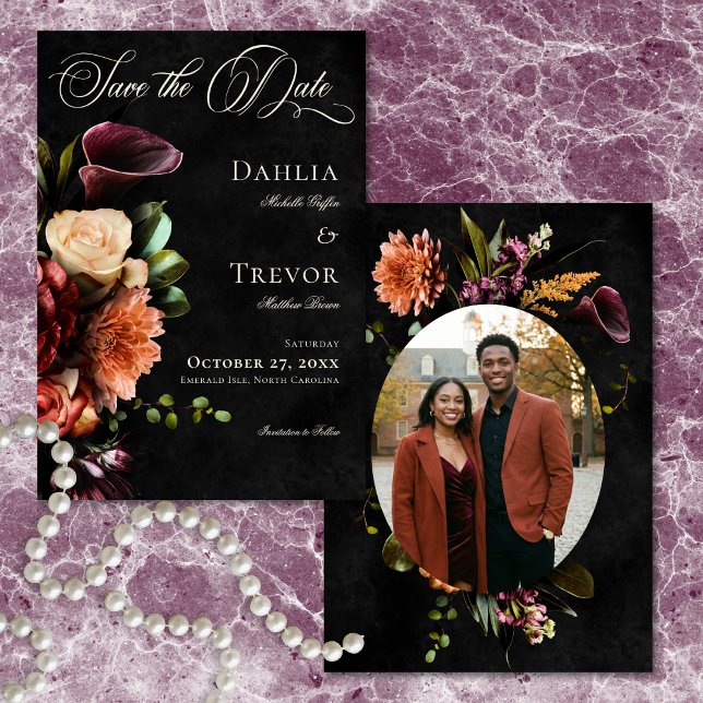 Mörkt Elegant Höstblommigt Bröllopsfoto Spara Datumet (Dark Elegant Autumn Floral Photo Wedding Save The Date)