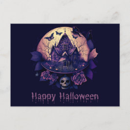Mörkt gotiskt lila spökhus Glad Halloween Helg Vykort
