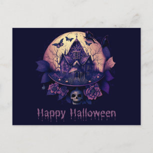 Mörkt gotiskt lila spökhus Glad Halloween Helg Vykort
