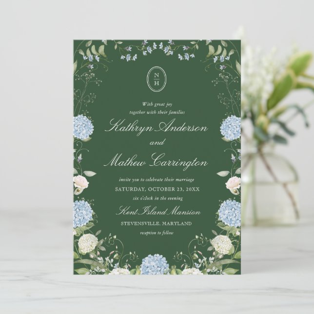 Mörkt Grönt Hortensia Monogram Bröllopsinbjudan Inbjudningar (Stående Fram)