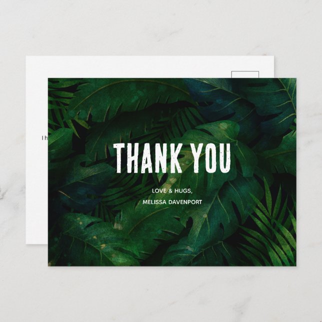 Mörkt Grönt Tropiskt Löv Mönster Tack Vykort (Fram/baksida)