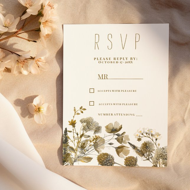Mörkt gul elfenbensvit brun blomster RSVP Inbjudningar (Dark yellow ivory white brown floral RSVP )