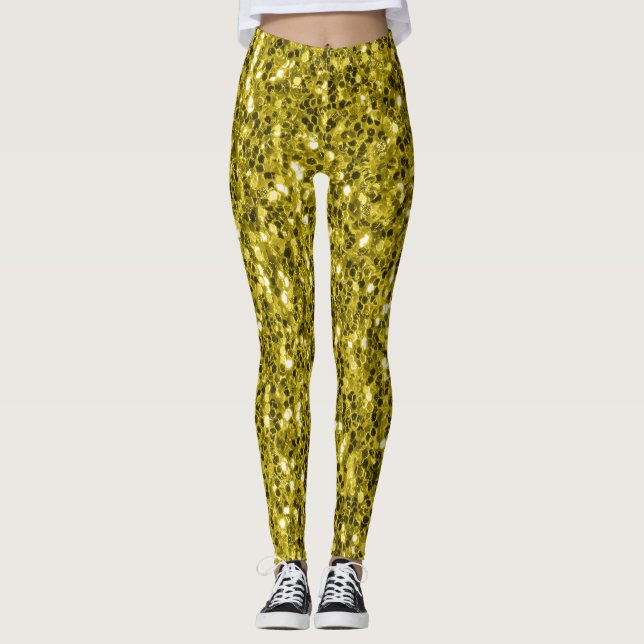 Mörkt guld gul falsk glittergnistrande leggings (Framsida)